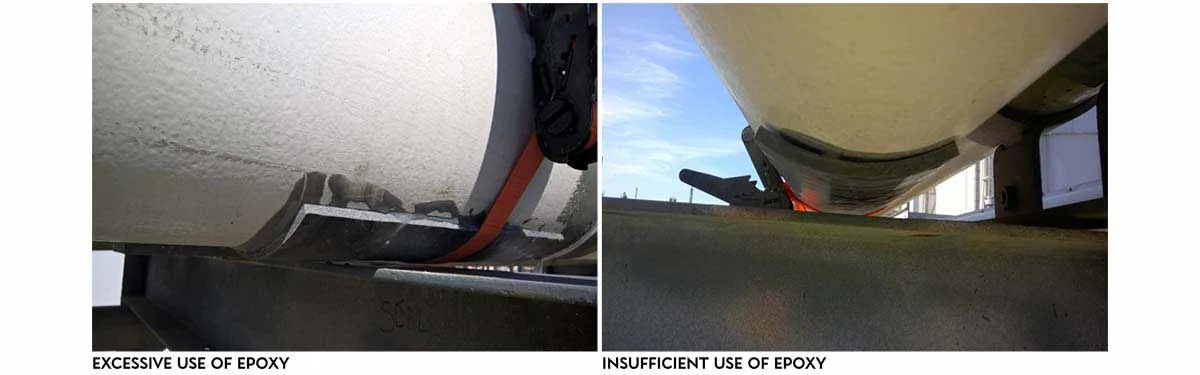 two images, the first image shows that an excessive amount of epoxy, along with it being improperly applied to adhere the perimeter edge of a FRP wear pad to the pipe, the second image shows an FRP wear pad installed using an insufficient amount of epoxy resulting in an exposed area between the pipe and wear pad