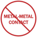an icon of the text "metal-metal contact" inside of a circle with a line going over the text, the icon is red