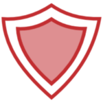 an icon of a shield with a dark red center offset to the inside of the outer shield, the icon is red