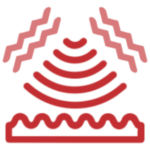 an icon displaying lines depicting vibration and semi-circles depicting sound waves pointed towards a pad that depicts vibration and sound absorption, the icon is red