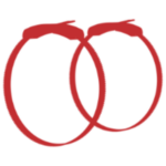 an icon of two smartbands in a circle attached to buckles, the icon is red