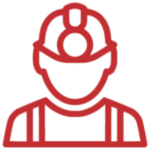 an icon of a construction worker with a hard hat from the chest up, the icon is red