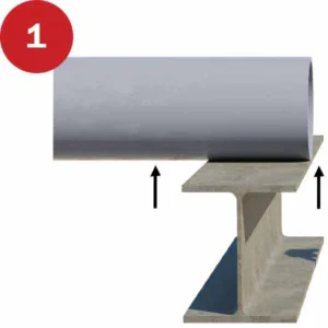 an image of a model with a red circle with the number "1" in it located at the top left, displaying a section of pipe resting on a steel beam with two black arrows under the pipe pointing up