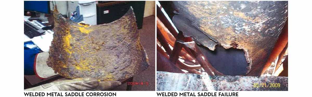 two images of sections of pipe that experienced welded metal saddle failure, the first image shows someone in an office holding a removed section of pipe that shows heavy corrosion, the second image is of a pipe in the pipe rack with a section of pipe missing due to the welded metal saddle failure