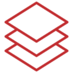 an icon of three squares layered on top of each other, the icon is red