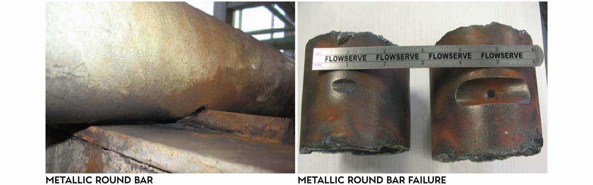 two images, the first image shows point loading damage where the metallic round bar has bore through the bottom side of the pipe, the second image shows two sections of pipe with point loading damage from metallic round bar failure