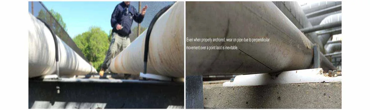 two images, the first image shows plastic rod failure due to point loading with the pipe being anchored to the pipe support with u-bolts, the second image shows a pipe resting on a plastic rod on a pipe support that depicts point loaded damage to the pipe