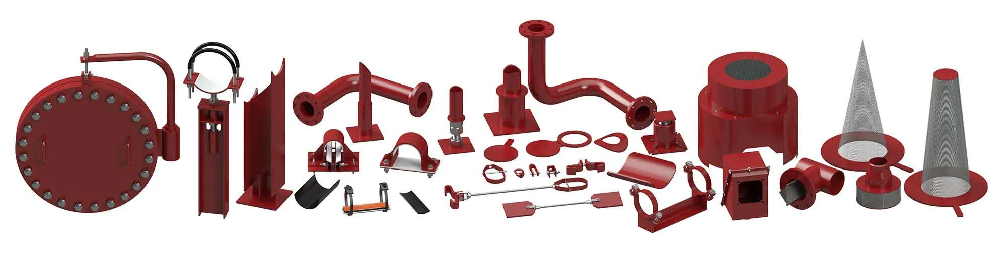an image of a collage of products manufactured by RedLineIPS by Cogbill, some of the products include pipe supports, shimblocks, pipe clamps, pipe hangers and accessories, paddle blinds, pipe shoes, pipe spools, and strainers