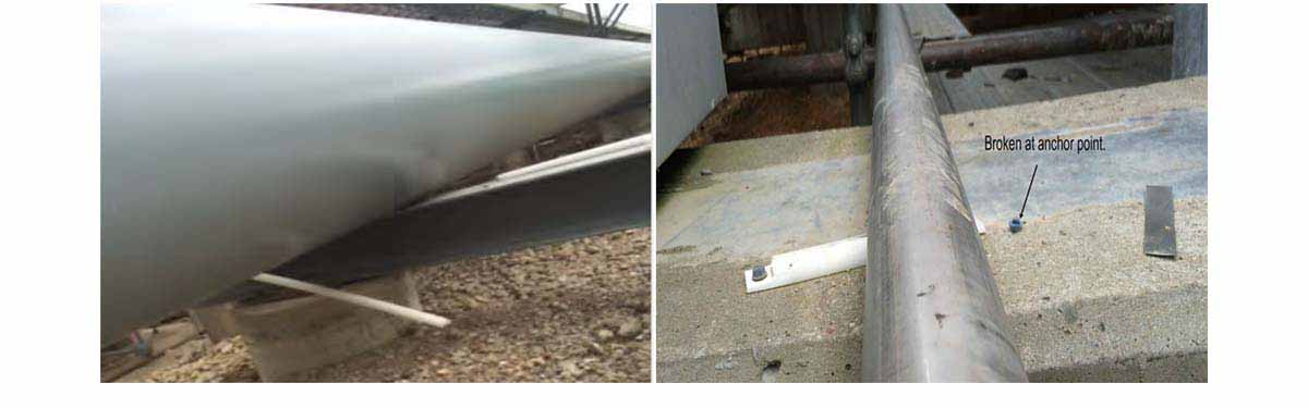 two images, the first image shows a pipe resting on a pipe support with a broken plastic rod hanging below the pipe, the second image shows a pipe resting on a plastic rod that’s anchored to a pipe support where one end of the plastic rod is broken at the anchor point