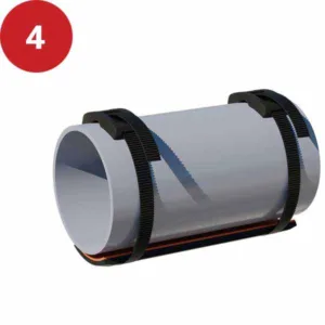 an image of a model with a red circle with the number "4" in it located at the top left, displaying a section of pipe with two smartbands loosely attached around the pipe and the smartpad under the pipe with the bands lined up with the wearpads grooves