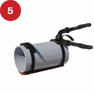 an image of a model with a red circle with the number "5" in it located at the top left, displaying a section of pipe with two smartbands being attached around the pipe and the smartpad with the smarttool