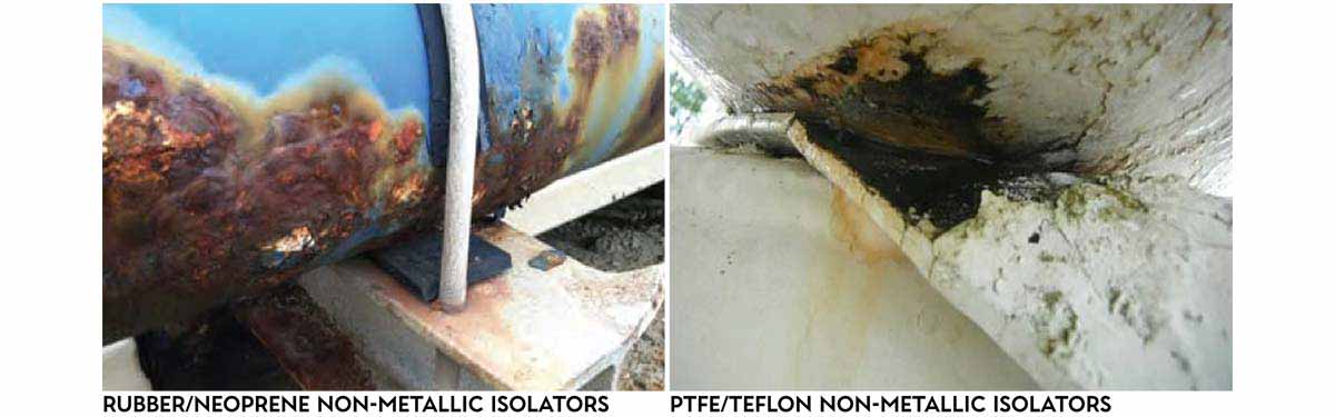 two images, the first image shows a pipe resting on a rubber/neoprene liner that’s between the pipe and the pipe support, the second image shows a pipe resting on a PTFE/teflon liner that is breaking apart between the pipe and the pipe support