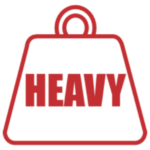 an icon of a large weight with the text "HEAVY" inside of the weight, the icon is red