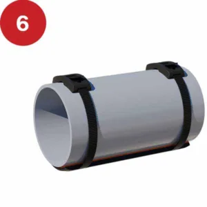 an image of a model with a red circle with the number "6" in it located at the top left, displaying a section of pipe with the smartpad assembly fully secured to the pipe