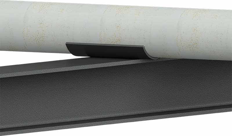 an image of a model of a pipe with an epoxied-on FRP wear pad resting on a steel beam representing a pipe support