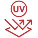 an icon of a square with two arrows pointing towards the middle and deflecting off the square with a circle with the text "UV" inside above the arrows, the icon is red