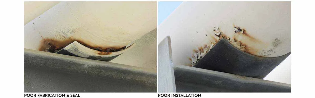 two images, the first image shows the wrong size epoxied-on FRP wear pad installed on a pipe which has resulted in corrosion buildup, the second image shows corrosion building up on a pipe along the outer edges of an epoxied-on FRP wear pad due to the perimeter epoxy bead not being applied