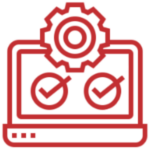 an icon of a laptop computer with two check marks on the screen with a cogwheel at the top of the screen, the icon is red