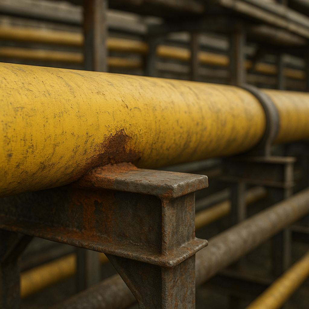 Yellow-painted industrial pipe resting on a rusted steel support with visible corrosion forming at the contact point