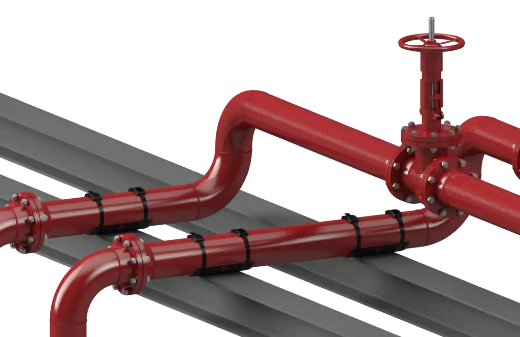 SmartPad pipe supports installed on a red industrial piping system with elbows, flanges, and a rising stem valve resting on structural beams