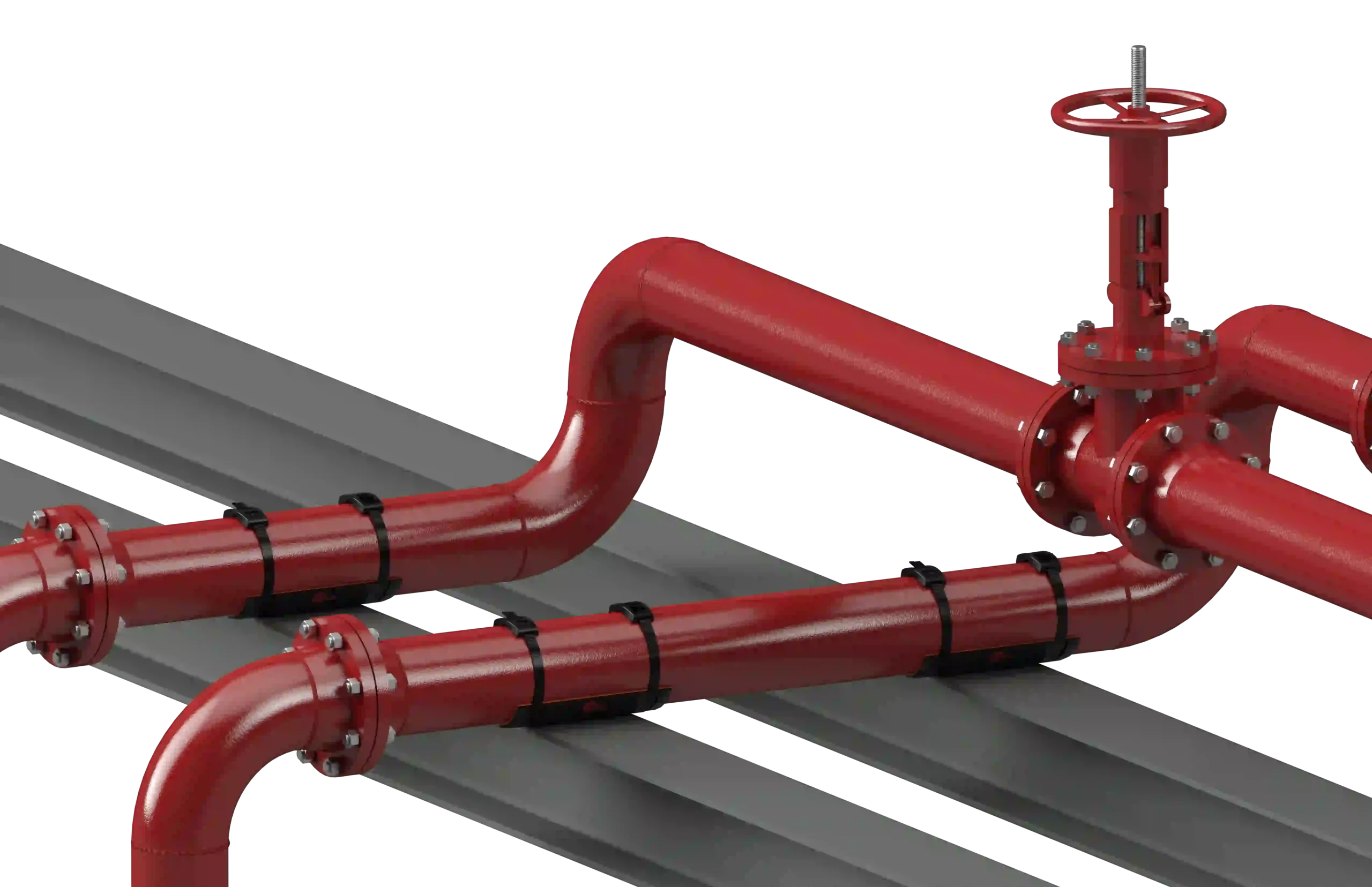 SmartPad pipe supports installed on a red industrial piping system with elbows, flanges, and a rising stem valve resting on structural beams