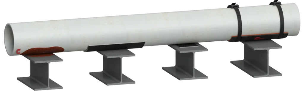"Comparison of bare steel pipe support versus SmartPad system showing corrosion under the unprotected pipe and a corrosion-free supported section"
