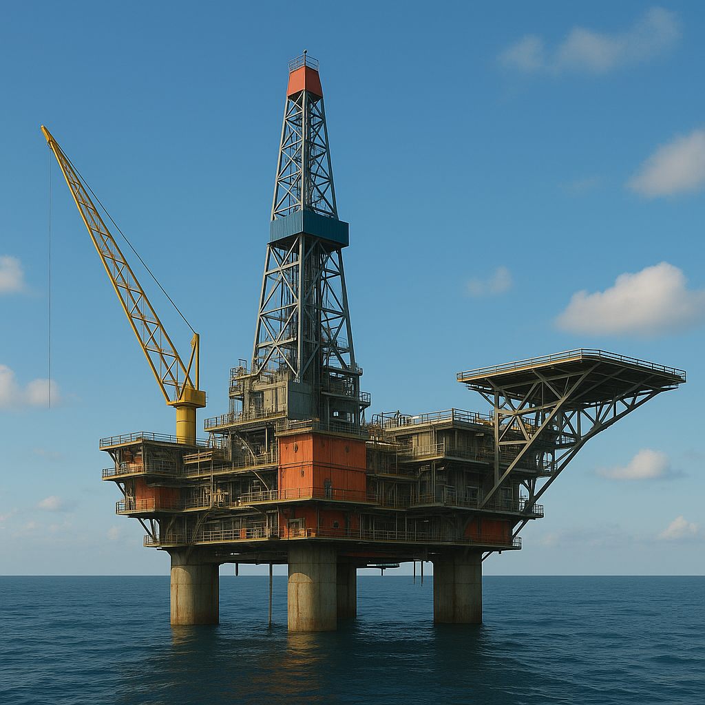 Offshore fixed platform with drilling tower, yellow crane, and cantilever helideck standing above calm ocean under a blue sky.