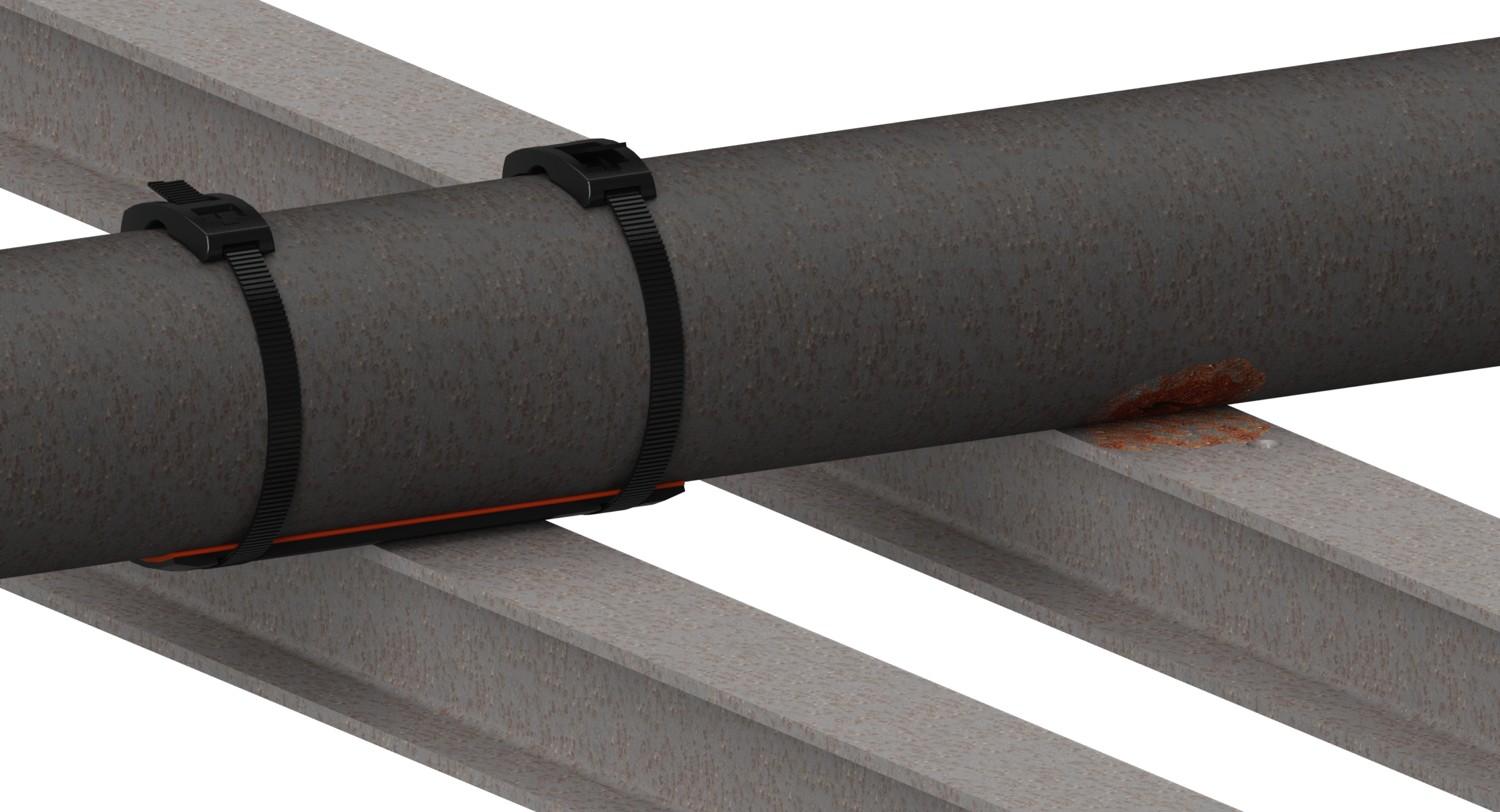 Pipe on steel beams with a RedLineIPS SmartPad strapped by two black composite bands; nearby support shows orange-brown corrosion buildup.
