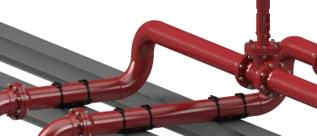 SmartPad pipe supports installed on a red industrial piping system with elbows, flanges, and a rising stem valve resting on structural beams